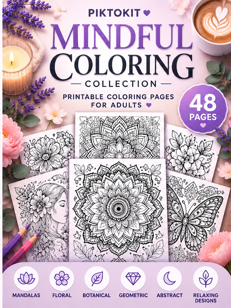 Piktokit Mindful Coloring Collection – 48 Printable Pages