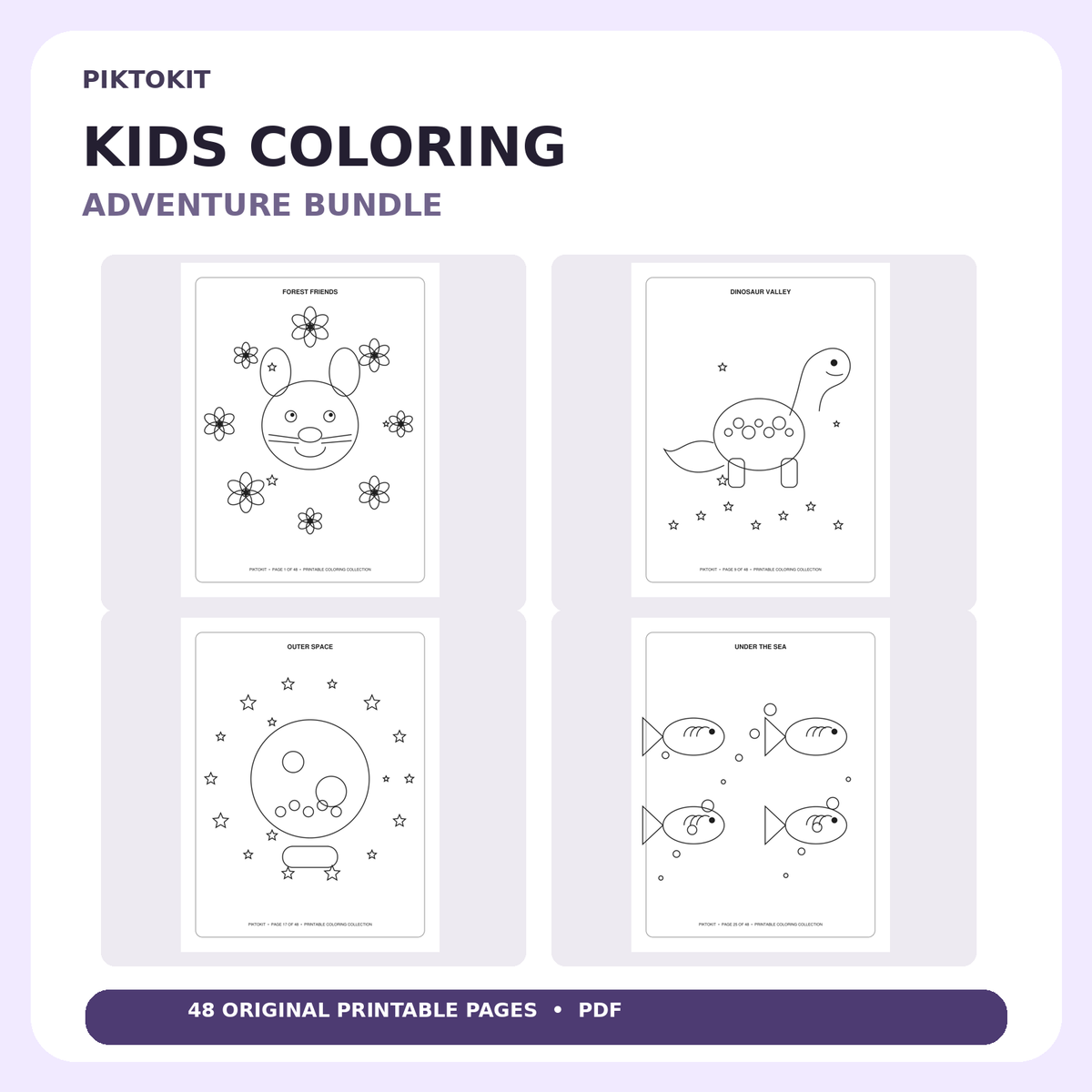 Piktokit Kids Coloring Adventure Bundle – 48 Printable Pages