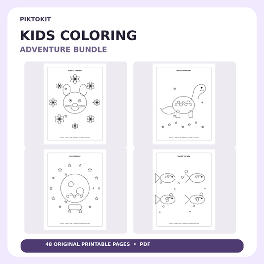 Piktokit Kids Coloring Adventure Bundle – 48 Printable Pages