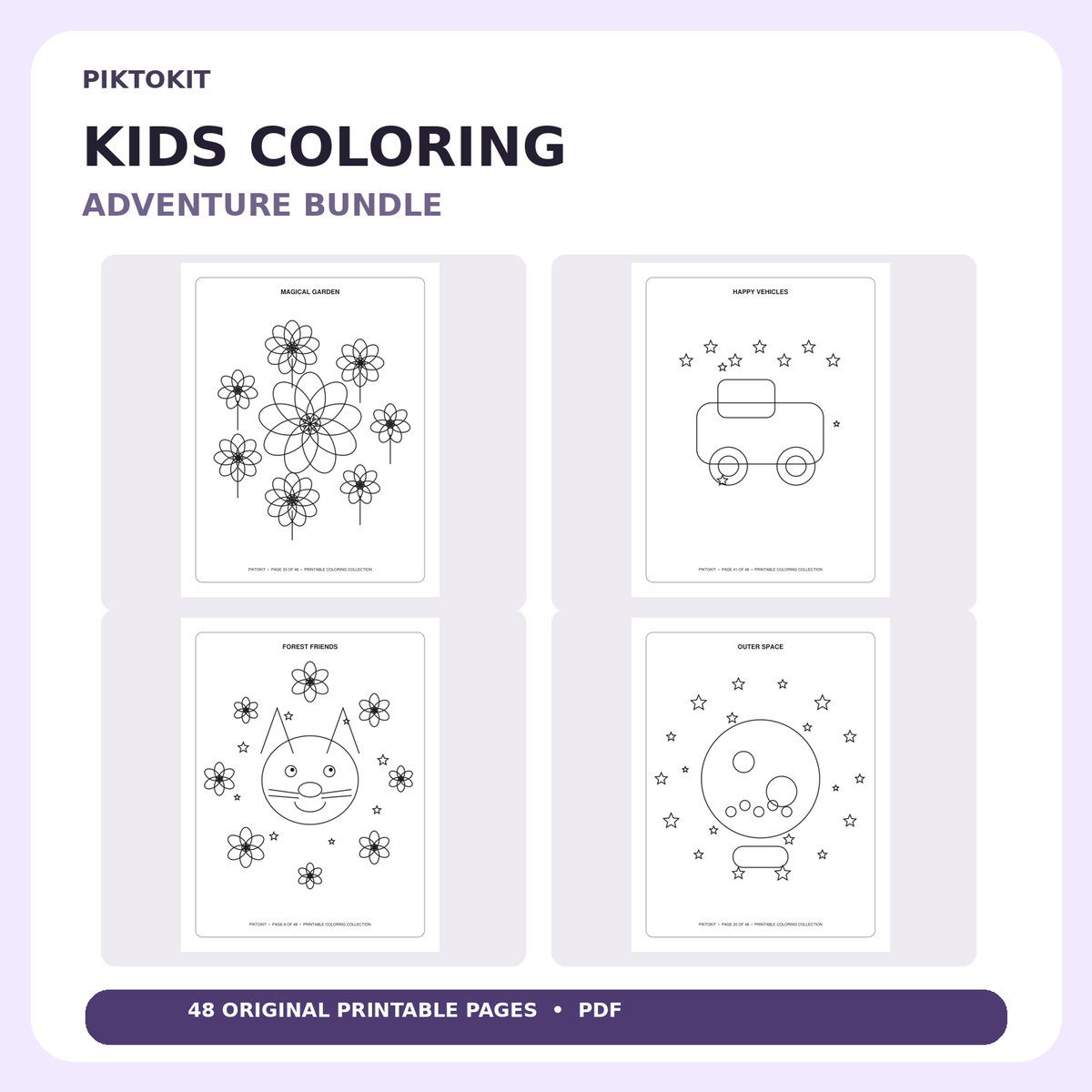 Piktokit Kids Coloring Adventure Bundle – 48 Printable Pages